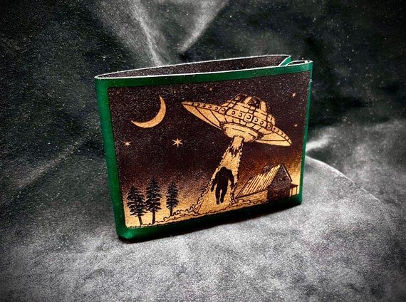 UFO Sasquatch Abduction Leather Wallet - Alien Bigfoot Design