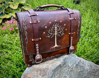 Lord of the rings Tree of Gondor handmade leather messenger bag made using quality leather featuring hand tooled designs from middle earth