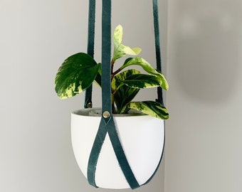 Leather Plant Hanger, Minimalist Hanging Planter, Indoor Plant Accessories, Dark Teal Planter, Mother’s Day Gift