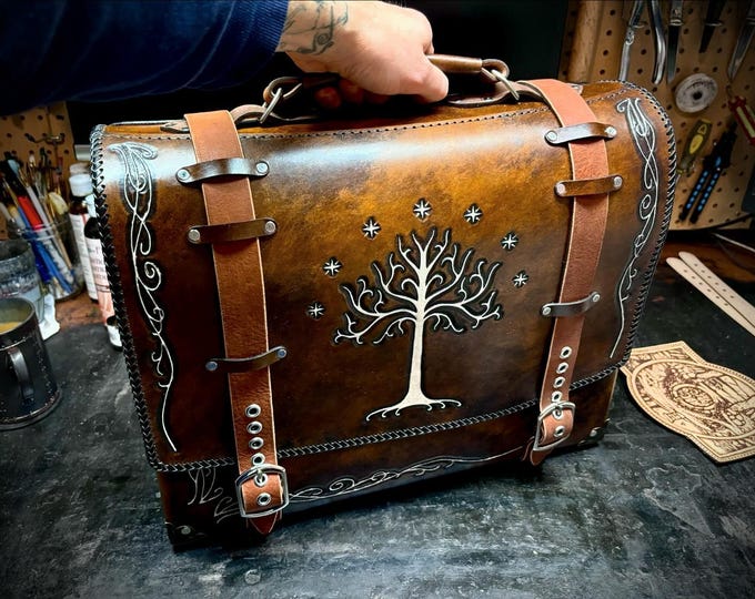 Lord of the rings Tree of Gondor handmade leather messenger bag made using quality leather featuring hand tooled designs from middle earth