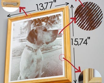Op de afbeelding: Een foto van een hond in een houten lijst, gegraveerd met een hoogwaardige fotogravure. De lijst is 13,77 inch breed en 15,74 inch hoog.