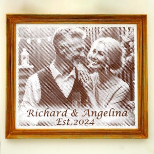 Engraved Couple Portrait on Wood Frame: Personalized Anniversary Keepsake