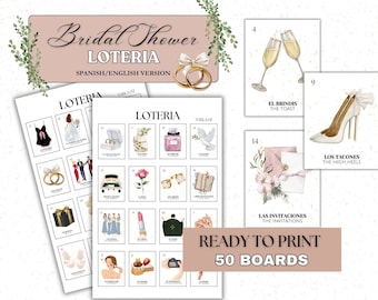 Bridal Shower Loteria Game | Spanish & English | 50 Boards, 54 Card Deck | Print and Cut | Bachelorette Games | Despedida de Soltera Loteria