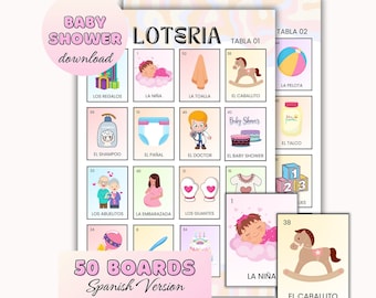 Baby Shower Loteria Game | Spanish Version | 50 Boards & 54 Card Deck | Digital Item| Print and Cut | PNG File |Party Games |Loteria de Bebe