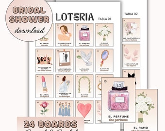Bridal Shower Loteria Game | Spanish & English | 24 Boards, 54 Card Deck | Print and Cut | Bachelorette Games | Despedida de Soltera Loteria