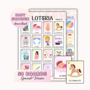 Jogo Loteria Chá de Bebê | Versão em espanhol | 50 tabuleiros e baralho de 54 cartas | Artigo Digital| Imprimir e Recortar | Arquivo PNG |Jogos de festa |Loteria de Bebe