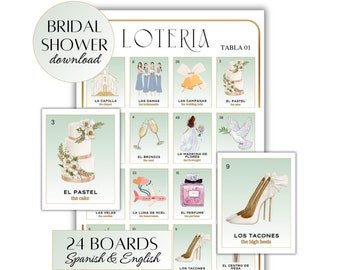 Bridal Shower Loteria Game | Spanish & English | 24 Boards, 54 Card Deck | Green and Gold| Bachelorette Games | Despedida de Soltera Loteria