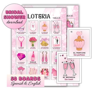 Despedida de Soltera Lotería Español e Inglés Despedida de Soltera 50 Tableros Baraja de 54 Cartas Descarga Digital Juegos Listos para Jugar