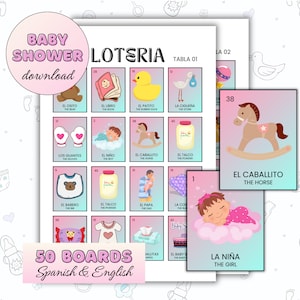 Babyshower loteria bingo tweetalig 50 borden digitale download babyshower spellen Juego Loteria de Bebe babyfeestje spellen PNG-bestanden digitaal