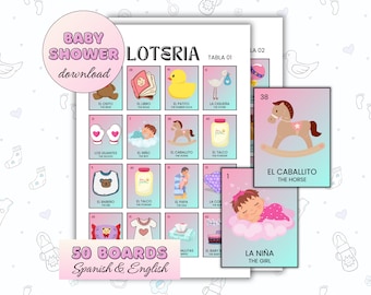 Baby Shower Loteria Bingo Bilingual 50 Boards Digital Download Baby Shower Games Juego Loteria de Bebe Baby Party Games PNG Files Digital
