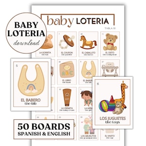 ニュートラル ベビーシャワー ロテリア ゲーム | スペイン語 英語 | ボード 50 枚とカード 54 枚 | デジタル アイテム | PDF ファイル | パーティー ゲーム | ロテリア デ ベベ | 印刷