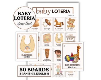 Neutral Baby Shower Loteria Game | Spanish English | 50 Boards & 54 Card Deck | Digital Item| PDF File |Party Games |Loteria de Bebe | Print