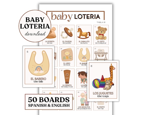 Neutral Baby Shower Loteria Game | Spanish English | 50 Boards & 54 Card Deck | Digital Item| PDF File |Party Games |Loteria de Bebe | Print