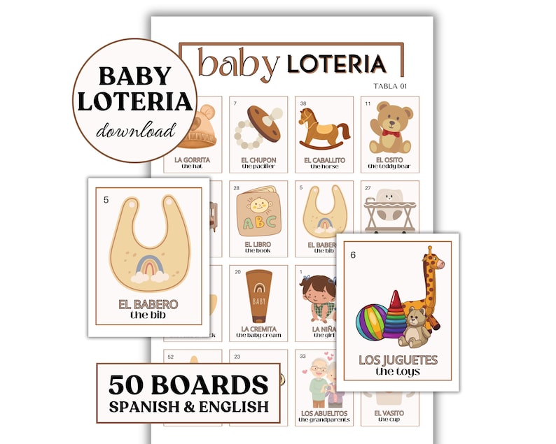 May include: A set of 50 baby shower game boards with Spanish and English translations. The boards feature illustrations of baby items like a bib, a pacifier, a rocking horse, a teddy bear, a book, a baby cream, a girl, a giraffe, a ball, a pyramid, a teddy bear, a pair of grandparents, and a cup.
