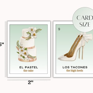 May include: Two illustrated cards with a light green background. The first card shows a white wedding cake with gold ribbon and white flowers. The text on the card reads "EL PASTEL the cake". The second card shows a pair of white high heels with a gold heel and a white bow. The text on the card reads "LOS TACONES the high heels".
