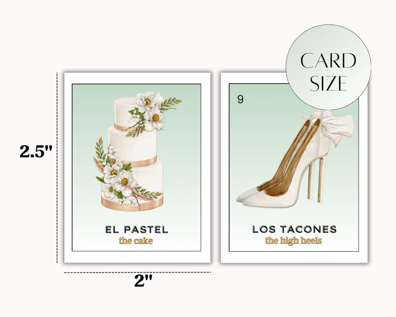 May include: Two illustrated cards with a light green background. The first card shows a white wedding cake with gold ribbon and white flowers. The text on the card reads "EL PASTEL the cake". The second card shows a pair of white high heels with a gold heel and a white bow. The text on the card reads "LOS TACONES the high heels".
