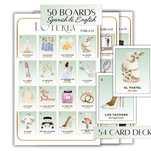 May include: A set of 50 bingo boards and 54 cards for a wedding-themed game. The boards are green with white squares and Spanish and English text. The cards feature illustrations of wedding-related items, such as a church, a cake, and a pair of high heels.