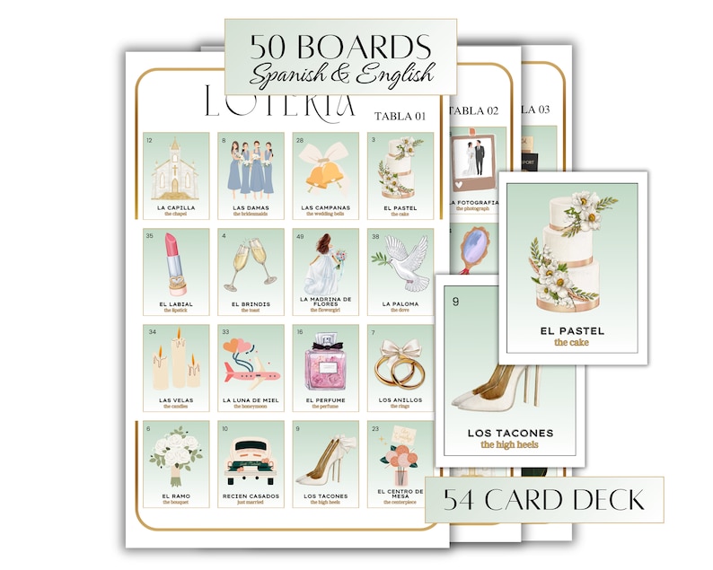 May include: A set of 50 bingo boards and 54 cards for a wedding-themed game. The boards are green with white squares and Spanish and English text. The cards feature illustrations of wedding-related items, such as a church, a cake, and a pair of high heels.
