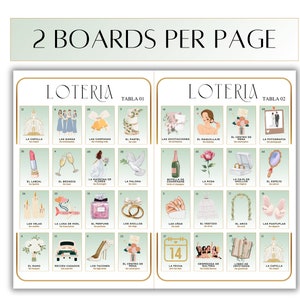 May include: Two wedding-themed bingo cards with illustrations of wedding items, such as a chapel, wedding cake, and champagne flutes. The cards are labeled "Loteria" and "Tabla 01" and "Tabla 02".