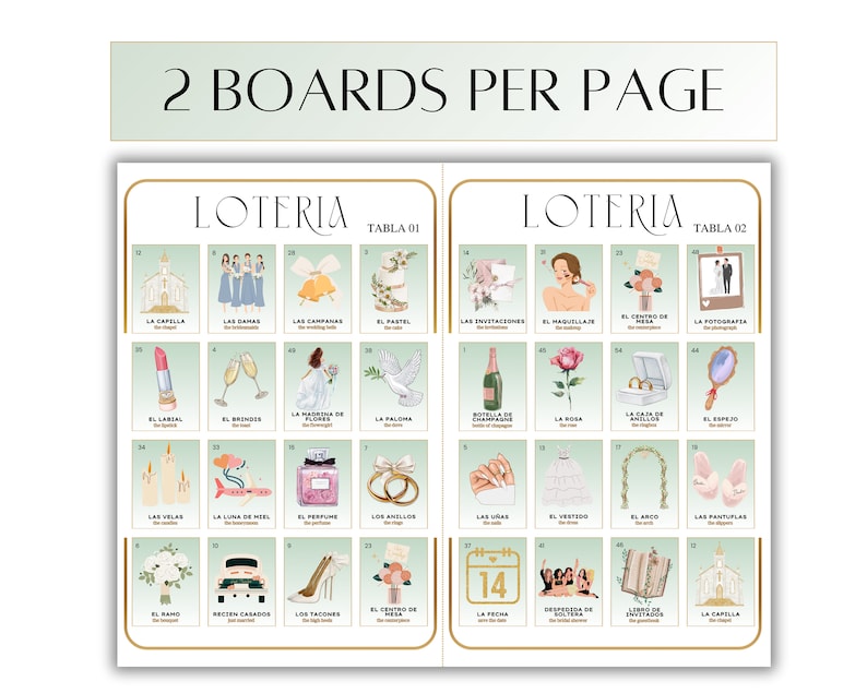 May include: Two wedding-themed bingo cards with illustrations of wedding items, such as a chapel, wedding cake, and champagne flutes. The cards are labeled "Loteria" and "Tabla 01" and "Tabla 02".