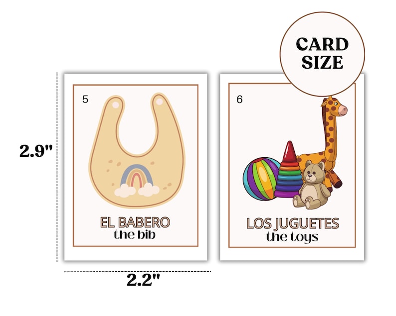 May include: Two illustrated flashcards for teaching Spanish to children. The first card shows a yellow bib with a rainbow and clouds and the text "EL BABERO the bib". The second card shows a giraffe, a teddy bear, a ball, and a stacking toy with the text "LOS JUGUETES the toys".