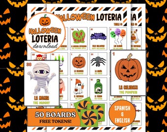 Könnte beinhalten: Ein Halloween-Lotería-Spielset mit 50 Spielbrettern und kostenlosen Spielmarken. Das Spiel zeigt farbenfrohe Illustrationen von Halloween-Charakteren und -Objekten, darunter eine Mumie, ein Kürbis und eine Spinne. Der Text "Halloween Lotería download" wird angezeigt.