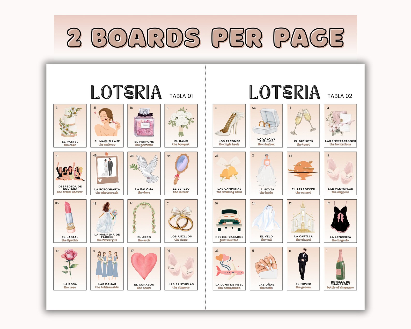 Bridal Shower Loteria Game | Spanish & English | 50 Boards, 54 Card ...