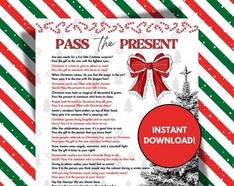 May include: A printable Christmas game instruction sheet with a red and white candy cane border. The text reads "Pass the Present" and includes instructions for a Christmas game. The instructions include passing a gift to someone with the lightest eyes, someone who loves to read, someone with the longest hair, someone who loves to clean, someone wearing red, someone who loves to run, someone you know best, someone who lives furthest away, someone wearing fun socks, and someone who would stay calm during a winter storm. The text also includes "Instant Download!" in a red circle.