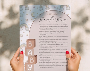 Geef de prijs door babyshowerspel, geef het cadeau-spel door, afdrukbaar babyshowerspel, groepsactiviteit babyshower, geef het cadeau-gedicht digitaal door