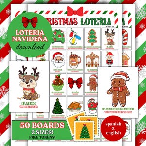 Lotería Navideña/ 50 Tableros/ Baraja de 54 Cartas/ Español e Inglés/ Lotería Navideña para 50 Personas/ Tableros de 2 tamaños/ Cartas Jumbo/ ¡Fichas gratis!