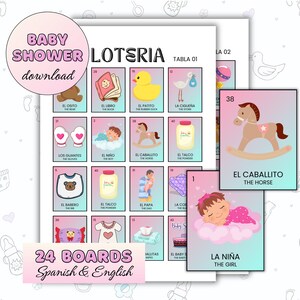 Lotería de Baby Shower Bingo Bilingüe 24 Tableros Descarga Digital Juegos de Baby Shower Lotería de Bebé Juegos de Fiesta de Bebé Archivos PNG Tarjetas Digitales
