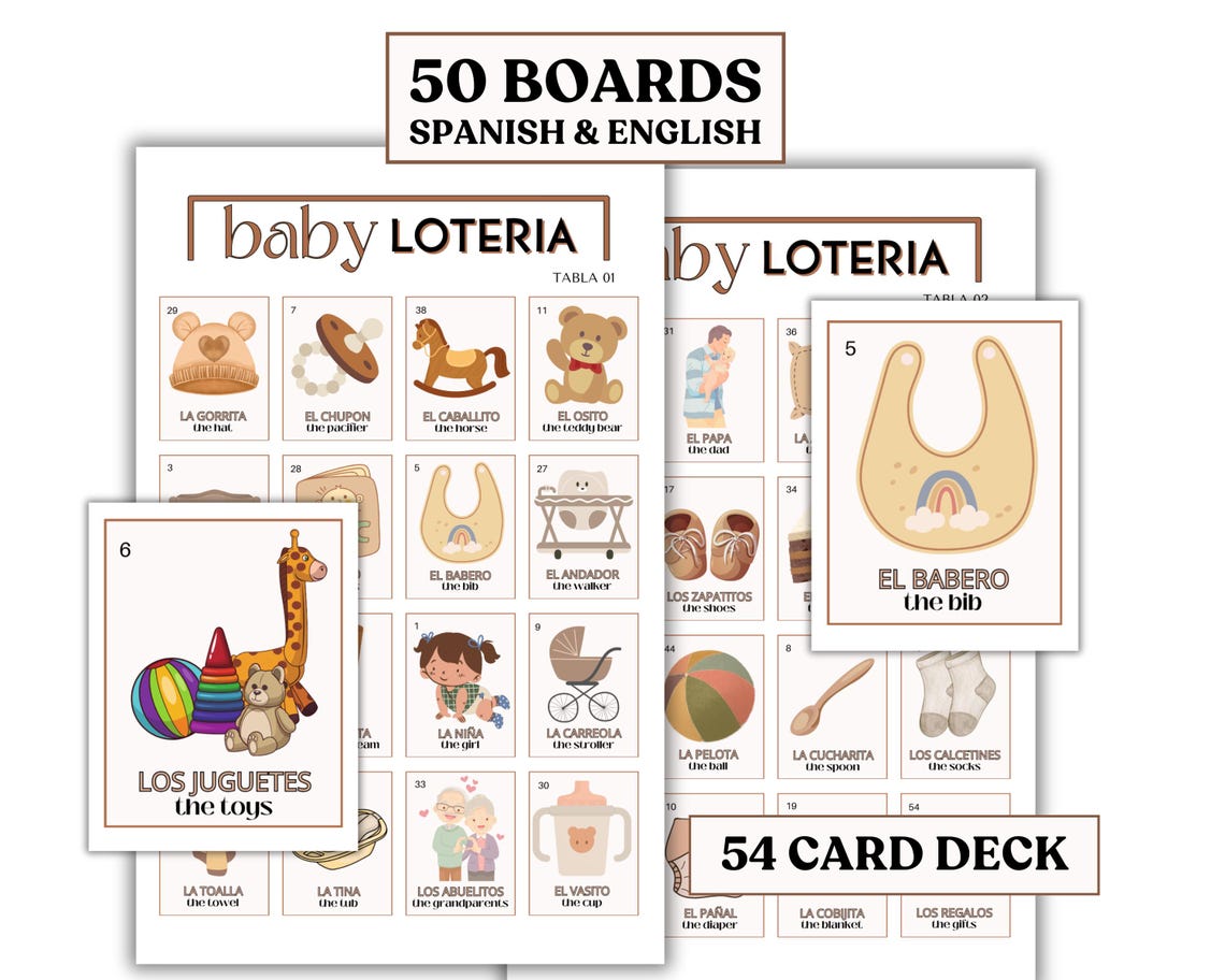 Neutral Baby Shower Loteria Game | Spanish English | 50 Boards & 54 ...