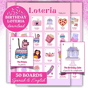 Jogo de loteria para meninas aniversariantes 50 jogadores espanhol e inglês 54 baralhos 50 tabuleiros jogos de festa infantil bilíngue Loteria Cumpleaños Juego