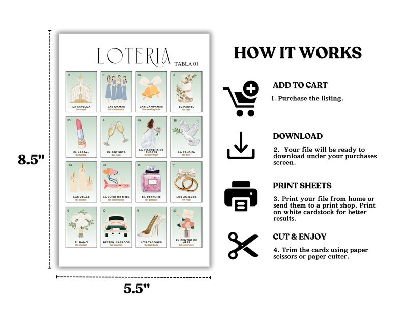 May include: A printable wedding-themed Loteria game with 16 cards featuring illustrations of wedding-related items. The cards are arranged in a 4x4 grid and labeled with Spanish names. The game is titled "Loteria" and "Tabla 01".