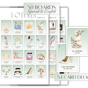 May include: A set of 50 bingo boards and 54 cards for a wedding-themed game. The boards feature illustrations of wedding-related items, such as a church, a cake, and a bride and groom. The cards have the same illustrations and the Spanish and English names for each item.