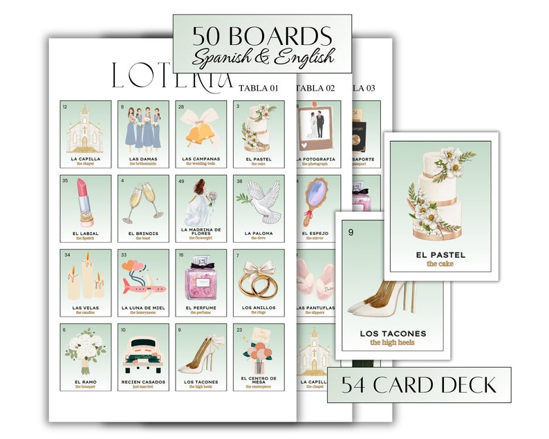 May include: A set of 50 bingo boards and 54 cards for a wedding-themed game. The boards feature illustrations of wedding-related items, such as a church, a cake, and a bride and groom. The cards have the same illustrations and the Spanish and English names for each item.