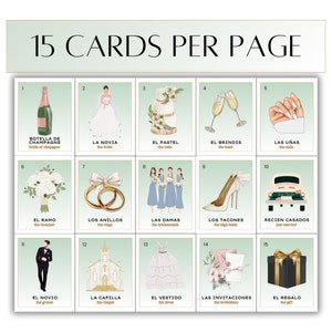 May include: A set of 15 illustrated cards with Spanish text and English translations. The cards depict various wedding-related items, such as a champagne bottle, the bride, the cake, the toast, the nails, the bouquet, the rings, the bridesmaids, the high heels, the newlyweds, the groom, the chapel, the dress, the invitations, and the gift.