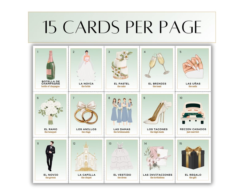 May include: A set of 15 illustrated cards with Spanish text and English translations. The cards depict various wedding-related items, such as a champagne bottle, the bride, the cake, the toast, the nails, the bouquet, the rings, the bridesmaids, the high heels, the newlyweds, the groom, the chapel, the dress, the invitations, and the gift.