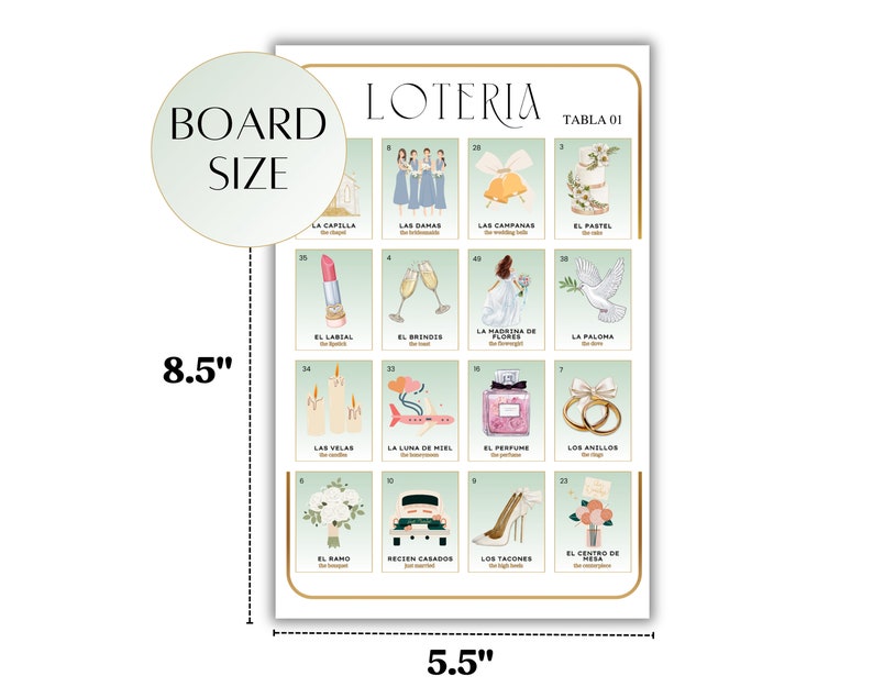 May include: A green and white Loteria game board with 16 squares, each featuring a different illustration. The board is 8.5 inches by 5.5 inches and includes the text "TABLA 01".