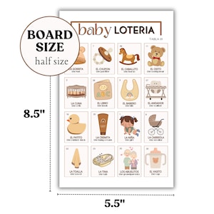 May include: A printable baby shower game board with 16 squares featuring illustrations of baby items, such as a rattle, a rocking horse, a bib, a crib, a rubber duck, a baby bottle, and a baby girl. The board is titled "Baby Loteria" and includes Spanish text.