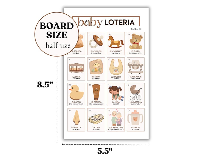 May include: A printable baby shower game board with 16 squares featuring illustrations of baby items, such as a rattle, a rocking horse, a bib, a crib, a rubber duck, a baby bottle, and a baby girl. The board is titled "Baby Loteria" and includes Spanish text.