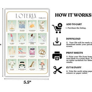 May include: A printable Loteria game card set with a wedding theme. The cards feature illustrations of wedding-related items, such as a chapel, wedding dress, and wedding rings. The cards are labeled with Spanish words and numbers. The card set is 8.5 inches by 5.5 inches.