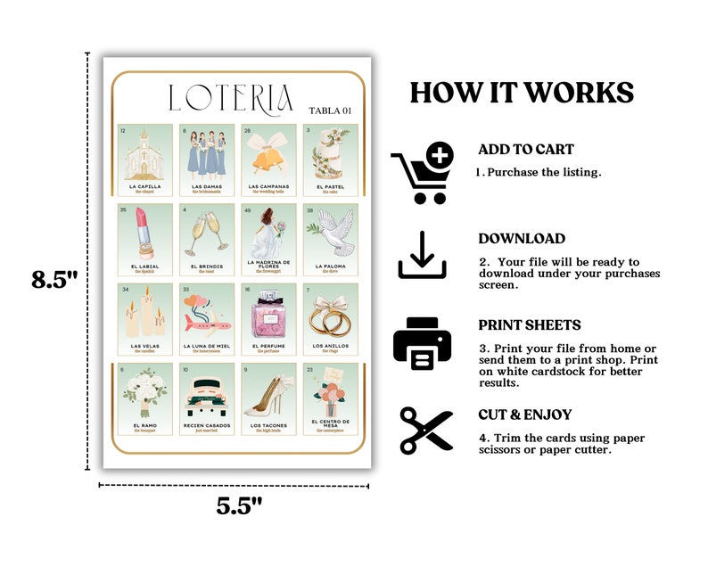May include: A printable Loteria game card set with a wedding theme. The cards feature illustrations of wedding-related items, such as a chapel, wedding dress, and wedding rings. The cards are labeled with Spanish words and numbers. The card set is 8.5 inches by 5.5 inches.