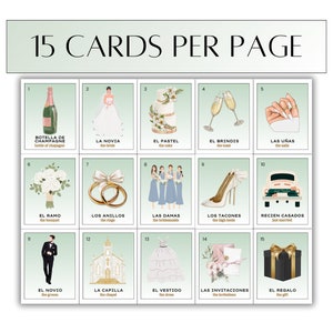 May include: A set of 15 illustrated cards with Spanish and English text. Each card features a different wedding-related item, such as a bottle of champagne, the bride, the cake, the toast, the nails, the bouquet, the rings, the bridesmaids, the high heels, the just married car, the groom, the chapel, the dress, the invitations, and the gift.