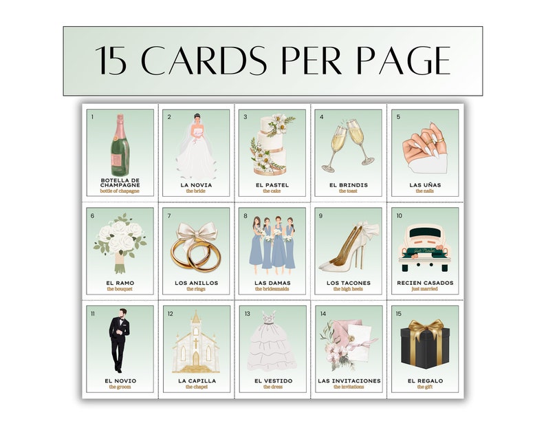 May include: A set of 15 illustrated cards with Spanish and English text. Each card features a different wedding-related item, such as a bottle of champagne, the bride, the cake, the toast, the nails, the bouquet, the rings, the bridesmaids, the high heels, the just married car, the groom, the chapel, the dress, the invitations, and the gift.