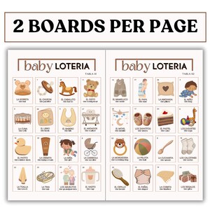May include: Two printable baby shower game boards with illustrations of baby items. The boards are titled "Baby Loteria" and are labeled "Tabla 01" and "Tabla 02".