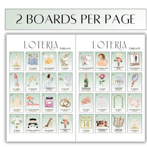 May include: A green and white printable wedding bingo card with illustrations of wedding-related items. The card is labeled "Loteria" and has two tables, one labeled "Tabla 01" and the other "Tabla 02".