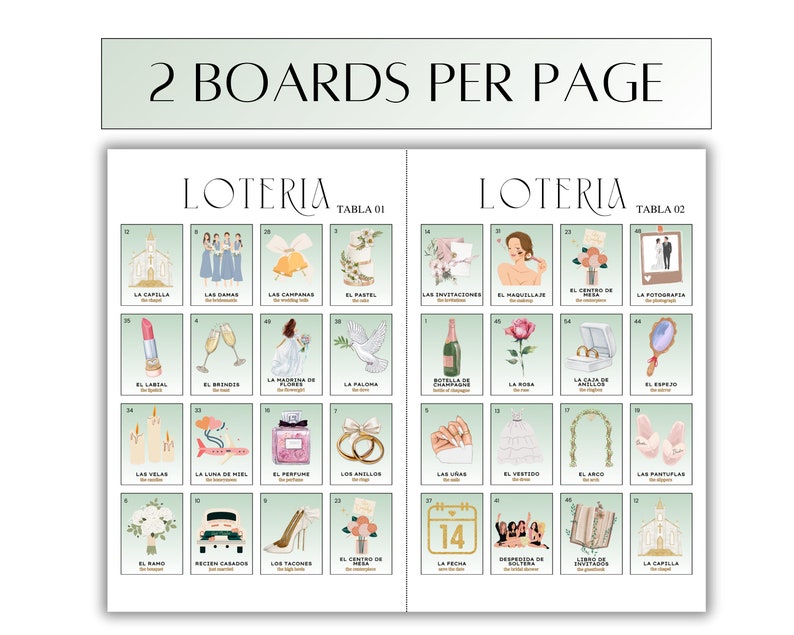 May include: A green and white printable wedding bingo card with illustrations of wedding-related items. The card is labeled "Loteria" and has two tables, one labeled "Tabla 01" and the other "Tabla 02".