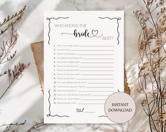 Who knows the Bride the Most? How well do you know the Bride? Who knows the Bride best? Bridal Shower Game Bridal Shower Trivia Printable