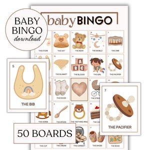 Bingo para bebés, 50 tarjetas de bingo, bingo para baby shower, juego de bingo para baby shower, actividad imprimible para baby shower, bingo para bebés de género neutro, bingo digital para bebés